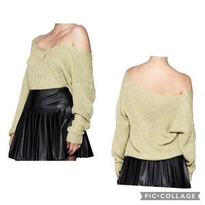 BARDOT Women’s OFF THE SHOULDER CARDIGAN In Gold Metallic V-Neck Size XL